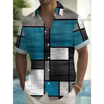Рубашка с геометрическим принтом в стиле ретро на пуговицах - Мужская летняя повседневная одежда M
