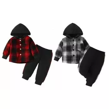 Рубашка с капюшоном и брюки для маленьких мальчиков, комплект из двух предметов, клетчатый топ с длинными рукавами, брюки, комплект детской одежды 12-18M