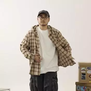 Рубашка с капюшоном и длинными рукавами в клетку в японском стиле в стиле Гонконга, свободная рубашка для мальчиков, летнее модное универсальное повседневное пальто M хаки