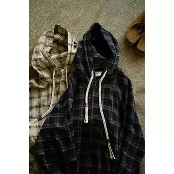Рубашка с капюшоном и длинными рукавами в клетку в японском стиле в стиле Гонконга, свободная рубашка для мальчиков, летнее модное универсальное повседневное пальто M хаки