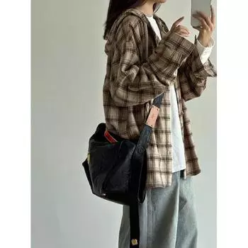 Рубашка с капюшоном и длинными рукавами в клетку в японском стиле в стиле Гонконга, свободная рубашка для мальчиков, летнее модное универсальное повседневное пальто M хаки