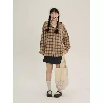 Рубашка с капюшоном в японском стиле в стиле ретро в клетку для мужчин с длинными рукавами, повседневная куртка для студентов на весну и осень, рубашка, пальто M хаки