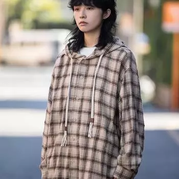 Рубашка с капюшоном в японском стиле в стиле ретро в клетку для мужчин с длинными рукавами, повседневная куртка для студентов на весну и осень, рубашка, пальто M хаки