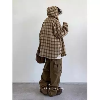 Рубашка с капюшоном в японском стиле в стиле ретро в клетку для мужчин с длинными рукавами, повседневная куртка для студентов на весну и осень, рубашка, пальто M хаки
