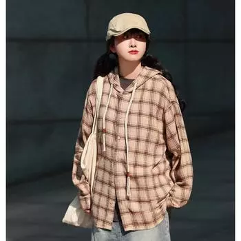Рубашка с капюшоном в японском стиле в стиле ретро в клетку для мужчин с длинными рукавами, повседневная куртка для студентов на весну и осень, рубашка, пальто M хаки