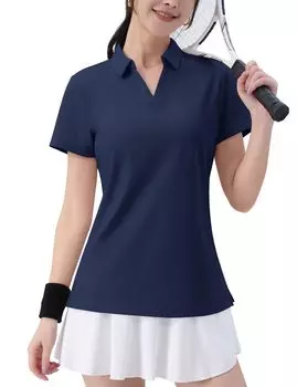 Рубашка с коротким рукавом, быстросохнущая рубашка поло с коротким рукавом, солнцезащитный крем для скалолазания, тенниса, летняя, прохладная, темно-синяя, размер L [TACVASEN] с V-образным вырезом, женская тёмно-синий