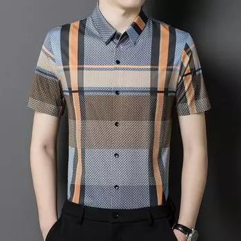 Рубашка с коротким рукавом для молодых и средних мужчин, модная повседневная бесшовная тонкая полосатая свободная деловая рубашка для папы M
