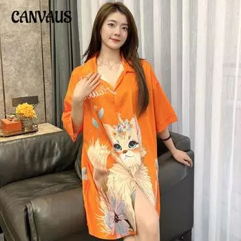 Рубашка с коротким рукавом с принтом кота, ночная рубашка для женщин, сексуальная, средней длины, домашняя одежда M оранжевый