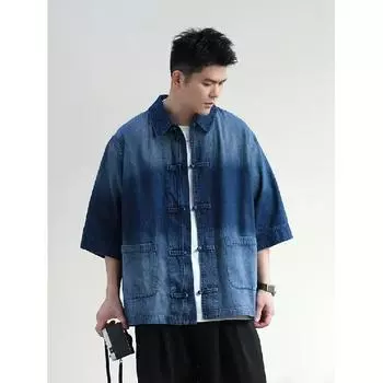 Рубашка с коротким рукавом в стиле ретро из джинсовой ткани, летняя модная мужская и женская марка, японский ретро-тренд с коротким рукавом, классная и свободная рубашка M чёрный