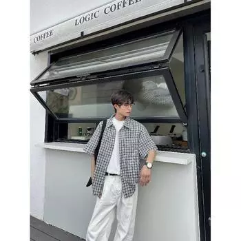 Рубашка с коротким рукавом в стиле ретро из джинсовой ткани, летняя модная мужская и женская марка, японский ретро-тренд с коротким рукавом, классная и свободная рубашка M синий