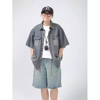 Рубашка с коротким рукавом в стиле ретро из джинсовой ткани, летняя модная мужская и женская марка, японский ретро-тренд с коротким рукавом, классная и свободная рубашка M чёрный
