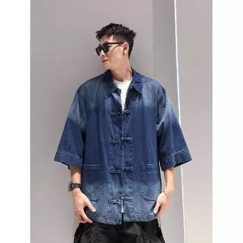 Рубашка с коротким рукавом в стиле ретро из джинсовой ткани, летняя модная мужская и женская марка, японский ретро-тренд с коротким рукавом, классная и свободная рубашка M чёрный
