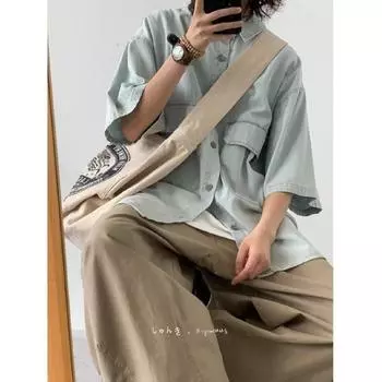 Рубашка с коротким рукавом в стиле ретро из джинсовой ткани, летняя модная мужская и женская марка, японский ретро-тренд с коротким рукавом, классная и свободная рубашка M светло-синий