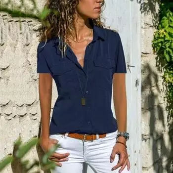 Рубашка с короткими рукавами и карманами с клапанами, однотонные однобортные облегающие офисные женские топы L темно-синий