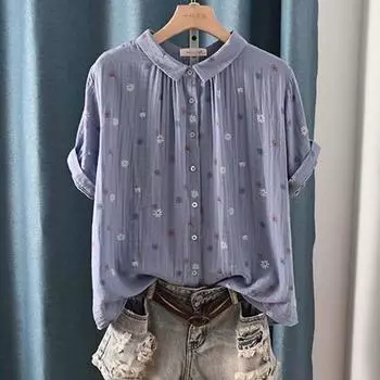 Рубашка с короткими рукавами и принтом в виде тонкого художественного темперамента для женщин, двухслойная хлопковая пряжа, свободные повседневные рубашки M белый