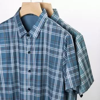 Рубашка с короткими рукавами, мужская, тонкая, летняя, повседневная, клетчатая рубашка, мужская, с лацканами из ледяного шелка M зелёный