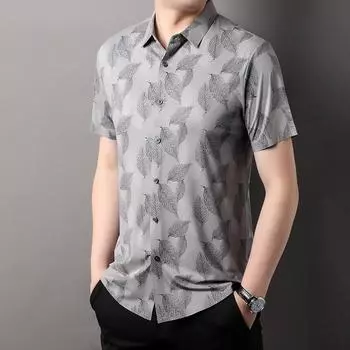 Рубашка с короткими рукавами с принтом для мужчин, летняя новая модная тенденция, свободная деловая повседневная дышащая шелковая шелковая рубашка для катания на коньках M