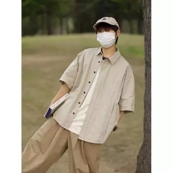 Рубашка с короткими рукавами в стиле ретро в гонконгском стиле, мужская летняя японская свободная рабочая одежда, повседневная куртка с рукавами пять четвертей M хаки