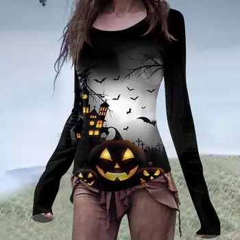 Рубашка с кровавым принтом на Хэллоуин, женская, с длинным рукавом и круглым вырезом, забавный узор ужасов, свободная, повседневная, осенняя рубашка M чёрный