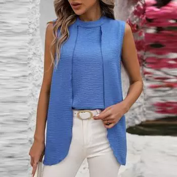 Рубашка с круглым вырезом, базовая футболка без рукавов, однотонная, свободная посадка, нерегулярный подол, повседневная S синий