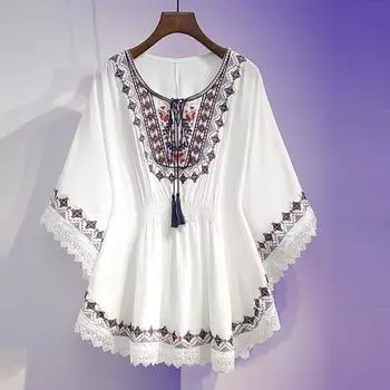 Рубашка с круглым вырезом и половиной рукава, эластичная высокая талия, свободный подол, пуловер, топы на шнуровке, вышивка 2XL темно-синий