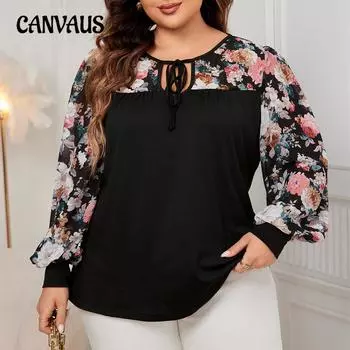 Рубашка с круглым вырезом с принтом, топы больших размеров для женщин, свободная рубашка с длинным рукавом 1XL чёрный