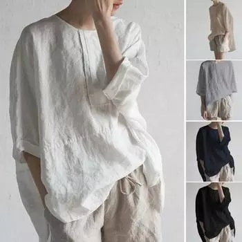 Рубашка с круглым вырезом средней длины и разрезом на спине, однотонный пуловер с половиной рукавов 3XL серый