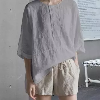 Рубашка с круглым вырезом средней длины и разрезом на спине, однотонная пуловерная блузка с половиной рукавов 2XL чёрный