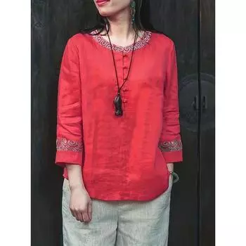 Рубашка с круглым вырезом в китайском стиле в стиле ретро, хлопковая и льняная рубашка в этническом стиле M красный