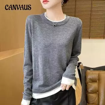 Рубашка с круглым вырезом в стиле колор-блок, женская свободная верхняя одежда, осенний вязаный свитер с длинными рукавами S розовый