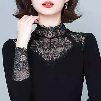 Рубашка с кружевным низом, универсальный маленький кружевной пуловер, модный тонкий женский черный эластичный топ с внутренней стороны, весна-лето 4XL чёрный
