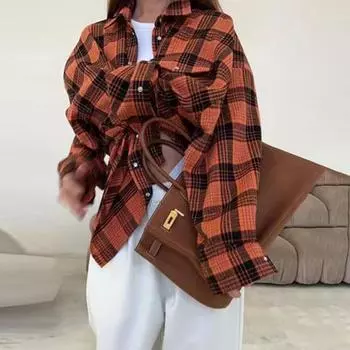 Рубашка с лацканами, длинный рукав, клетчатый принт, пальто с карманами с клапанами, однобортная модель на пуговицах S светло-синий