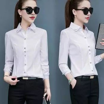 Рубашка с лацканами, длинный рукав, однотонная однобортная рубашка, топы, женская офисная рубашка XXXL белый