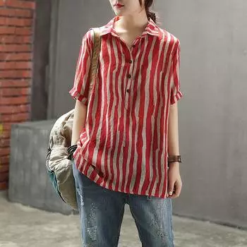 Рубашка с лацканами из хлопка и льна с вертикальными полосками, свободная, утягивающая, универсальная, женская, с короткими рукавами, летняя рубашка M красный
