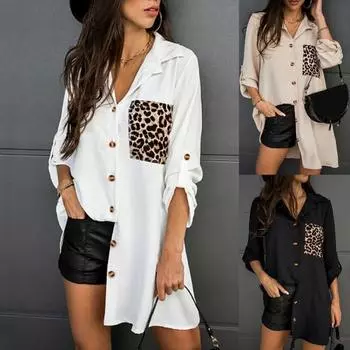 Рубашка с леопардовым накладным карманом, свободная повседневная женская рубашка с длинным рукавом и пуговицами M чёрный