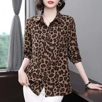 Рубашка с леопардовым принтом для женщин, свободная хлопковая блузка большого размера, повседневный свитер с длинным рукавом и отложным воротником M чёрный