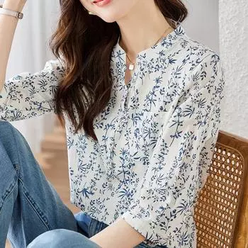 Рубашка с мелким цветочным принтом, женская летняя, новый дизайн, Sense Niche and Thin Temperament, воротник-стойка, рукав семь четвертей, рубашка-пуловер M