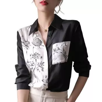 Рубашка с монохромным принтом Ботанический Длинный рукав Кнопка Hiyoku Широкий воротник Нагрудный карман Мужской Ботанический принт Цветочный узор Гладкий Входная церемония