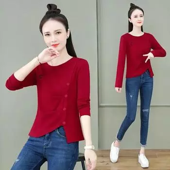 Рубашка с нерегулярным дном, женская футболка с длинными рукавами, новинка весны и осени, модный однотонный топ с круглым воротником XXL белый