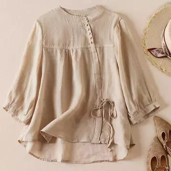 Рубашка с нестандартным круглым вырезом и семиминутными рукавами, весенне-летняя новая литературная темпераментная свободная повседневная блузка большого размера S красный