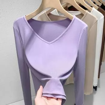 Рубашка с нитками для женщин, новая женская одежда, стиль, V-образный вырез, длинные рукава, футболка, нижнее белье, топ на талии S темно-коричневого