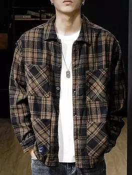 Рубашка с отворотом из полированной клетчатой ткани, мужская, весенняя, свободная, большого размера, мужская, грубая, красивая, верхняя часть прилива M зелёный