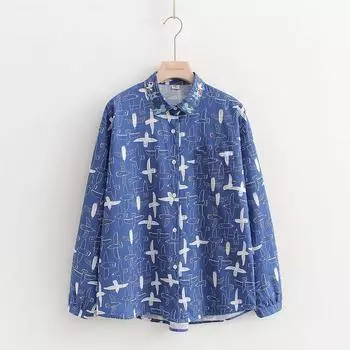 Рубашка с принтом чайки, с длинными рукавами, женская, 2025, осенняя новинка, художественный свободный крой, повседневная, с вышивкой на горловине, легко сочетается с топами, тренд Dark Blue Free size 45.00 kg-65.00 kg