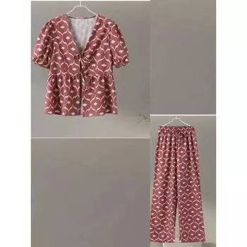 Рубашка с принтом, комплект из 2 предметов для женщин, повседневный топ со шнуровкой, ажурными рукавами-фонариками и V-образным вырезом, прямые брюки, летний женский наряд 2024 года S
