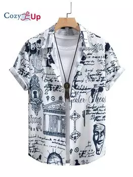 Рубашка с принтом в стиле ретро, мужская рубашка с короткими рукавами для мужчин, летняя рубашка, крутая мягкая рубашка S чёрный