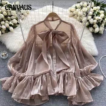 Рубашка с расклешенными рукавами и бантом из бисера премиум-класса Sense of Niche Design, осенняя женская одежда, рубашка со знаменитым темпераментом one size шампанского