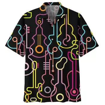 Рубашка с рисунком саксофона и гитары для мужчин, блузка с 3D-принтом в виде музыкального инструмента, свободные лацканы с коротким рукавом, гавайские рубашки на пуговицах S