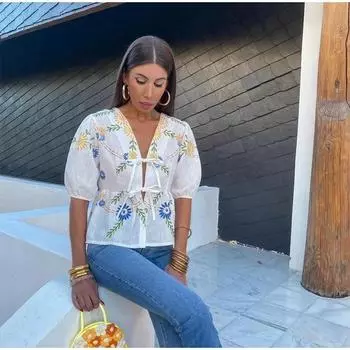 Рубашка с рукавами-фонариками и принтом, женская, с цветочным принтом, на шнуровке, с V-образным вырезом, свободная, короткая, повседневная, для поездок на работу, большого размера, тонкое пальто, весна-лето S