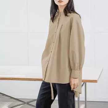 Рубашка с рукавами-фонариками, женская, осенняя, новая, воротник-стойка, большой размер, свободная, повседневная, однотонная, с поясом, верхняя часть M