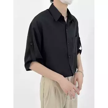 Рубашка с рукавом пять четвертей для мужчин, топ Ice Silk, не требующий глажки, модный брендовый топ, свободная и универсальная мужская рубашка с коротким рукавом, лето M чёрный